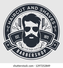 Barber shop vintage label, badge, or emblem on gray background. Vector illustration