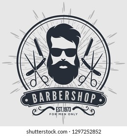 Barber shop vintage label, badge, or emblem on gray background. Vector illustration