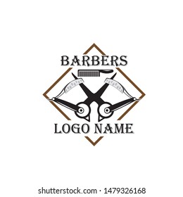 Barber shop vintage label, badge, or emblem on gray background. Vector illustration
