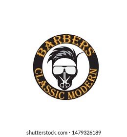 Barber shop vintage label, badge, or emblem on gray background. Vector illustration

