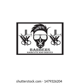 Barber shop vintage label, badge, or emblem on gray background. Vector illustration
