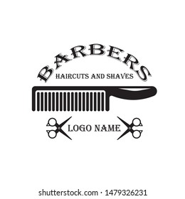 Barber shop vintage label, badge, or emblem on gray background. Vector illustration
