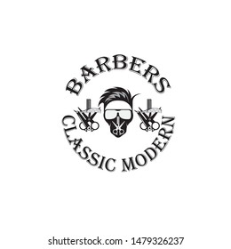 Barber shop vintage label, badge, or emblem on gray background. Vector illustration
