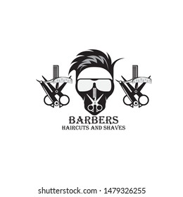 Barber shop vintage label, badge, or emblem on gray background. Vector illustration
