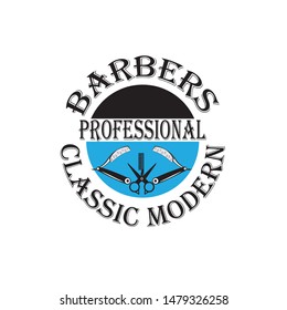 Barber shop vintage label, badge, or emblem on gray background. Vector illustration
