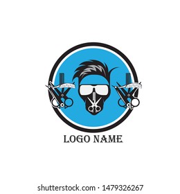 Barber shop vintage label, badge, or emblem on gray background. Vector illustration
