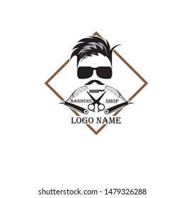 Barber shop vintage label, badge, or emblem on gray background. Vector illustration
