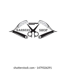 Barber shop vintage label, badge, or emblem on gray background. Vector illustration
