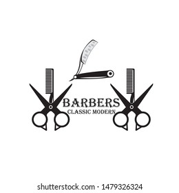 Barber shop vintage label, badge, or emblem on gray background. Vector illustration
