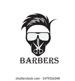 Barber shop vintage label, badge, or emblem on gray background. Vector illustration
