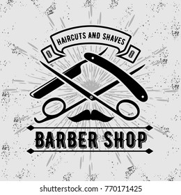 Barber shop vintage label, badge, or emblem on gray background. Vector illustration