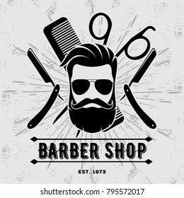 Barber shop vintage label, badge, or emblem on gray background. Vector illustration
