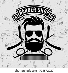 Barber shop vintage label, badge, or emblem on gray background. Vector illustration