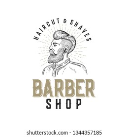Barber shop vintage label isolated on white. Vector illustration.