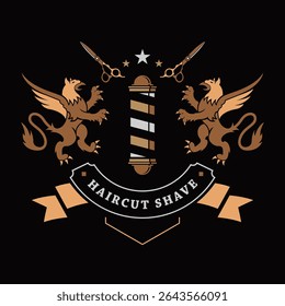 Barber shop vintage logo with two griffins, scissors, a barber pole, and ribbon banner. Elegant heraldic style for barbershop branding, haircut service, grooming salon, or men's hair product.