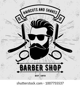 Barber shop vintage poster, banner, label, badge, or emblem on gray background. Vector illustration