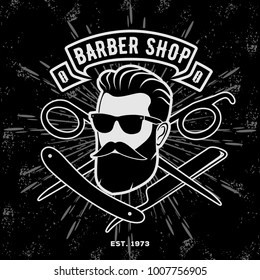 Barber shop vintage poster, banner, label, badge, or emblem on dark background. Vector illustration