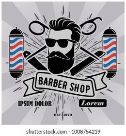 Barber shop vintage poster, banner, label, badge, or emblem on gray background. Vector illustration