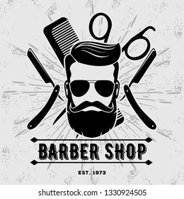 Barber shop vintage poster, banner, label, badge, or emblem on gray background. Vector illustration