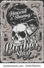 Barber shop vintage poster monochrome with skull with long hair and hair care tools for advertising hairdressing salon vector illustration