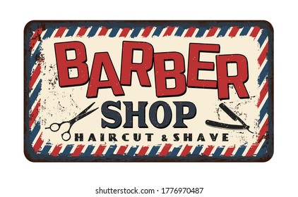 Barber shop vintage rusty metal sign on a white background, vector illustration
