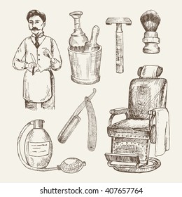 Barber shop vintage set with hairdresser, barber chair and tools: cup, brush, razor, shaver, antique perfume bottle. Retro illustrations in woodcut style. Vector elements.