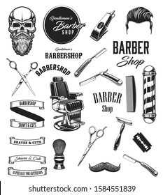 Barber shop vintage vector icons, barbershop mustaches and beard shave salon symbols. Barber equipment tools, scissors and hipster skull, razors, shaving brush and hair dryer, chair and pole signage