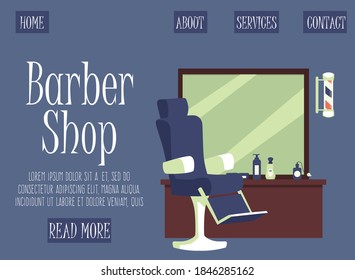 Barber shop interfaz de banner web con peluquería en el lugar de trabajo, ilustración vectorial plana. Servicios profesionales de peluquería y peluquería para hombres página web de publicidad.