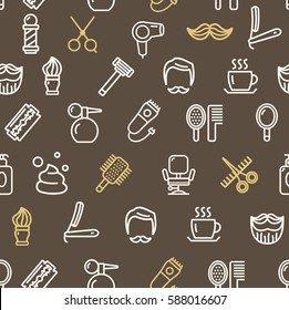 Barber Shop White Icon Pattern Background on Brown Style Design for Web. Vector illustration