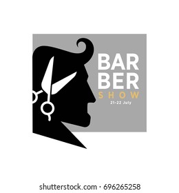 Barber show 21-22 July promotional logotype with mans profile