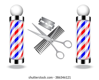 Barber sign with scissors, hair comb and razor blade 