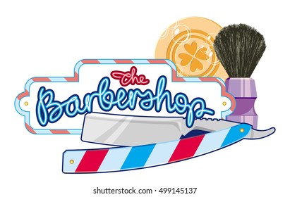 Barber sign and shaving tools. Shave brush, straight razor, soap. Vector clip art.
