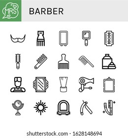 barber simple icons set. Contains such icons as Mrs, Moustache, Comb, Mirror, Hand mirror, Shaving razor, Hair brush, Shaving cream, Barber, can be used for web, mobile and logo