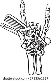 Barber Skeleton Hand with Scissors and Comb Vector Illustration
