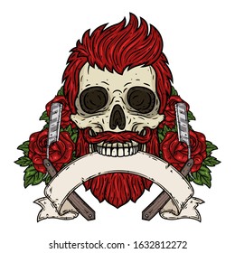 Barber Skull. Hipster skull with barber blade, roses and ribbon for your text. Illustration for barbershop