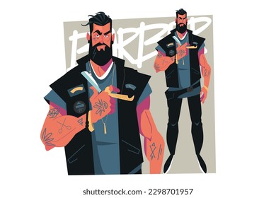 Barber with straight razor in hands stands and looks menacingly, vector illustration. Bearded hipster barber with tattooes.