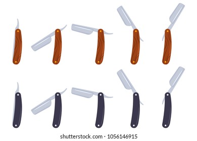 Barber straight razor vector cartoon flat icons set isolated on background.