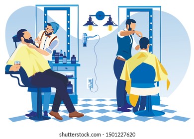 Barber Styling Client Beard and Cutting Hair in Men Beauty Salon Barbershop. Hipster Grooming Place Interior Design with Mirror, Cosmetics, Decoration and Furniture. Cartoon Flat Vector Illustration