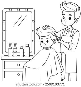 Barber Styling Hair Outline Coloring Page. Labor Day Hand Drawn Clip Art