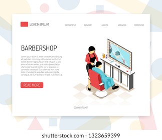 Barber stylist during work isometric concept of web banner with interface elements on white background vector illustration