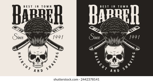 Barber stylist monochrome vintage flyer with skull and crossed blades for advertising best in town hairdressing salon vector illustration