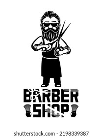 Barber in sunglasses and with scissors in his hands on a white background.