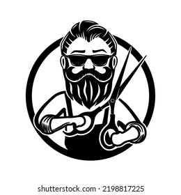 Barber in sunglasses and with scissors in his hands on a white background.