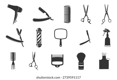 Barber tool vectors, Barber tools silhouette, Barbershop tools silhouette, Hairdressing tools vectors, Barbershop equipment's silhouette.