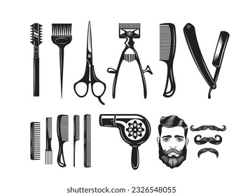 Barber tools, barbershop and hairdresser equipment, beard or mustache shave and haircut. Vector barber shop chair, pole signage, scissors and shaving brush, hair clipper and razor, dryer and