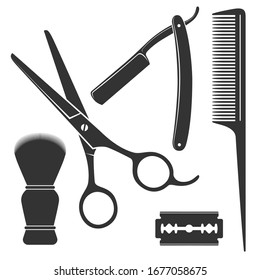 Barber tools graphic icon set. Scissors, straight razor, comb, shaving brush, blade signs isolated on white background. Barbershop symbols. Vector illustration