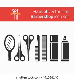 Barber tools and haircut icons set. Barbershop symbols.