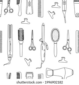 Barber tools on a white background in a seamless pattern. Line art of hair salon accessories for template, business cards, textiles or wrapping paper. Vector illustration, outline, shape, sketch