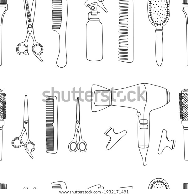 Barber tools on a white background in a seamless\
pattern. Line art of hair salon accessories for template, business\
cards, textiles or wrapping paper. Vector illustration, outline,\
shape, sketch.