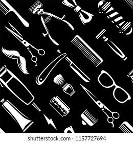 Barber Tools Seamless Texture. White barber tools on black background retro style vector art.